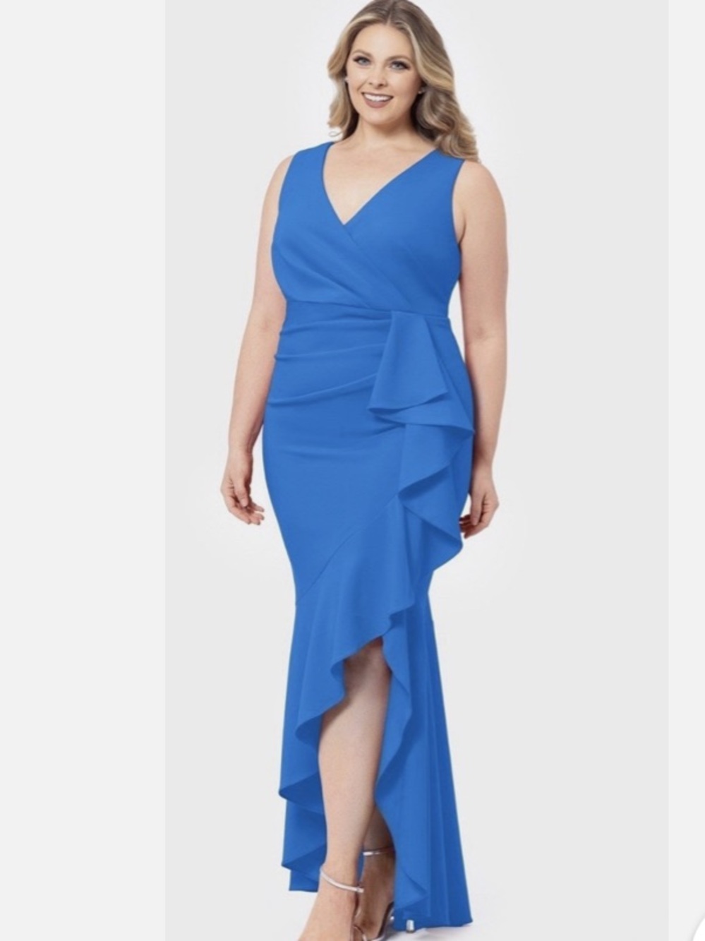 NWT Betsy & Adam royal blue v-neck‎ high-low ruffle gown size 14W